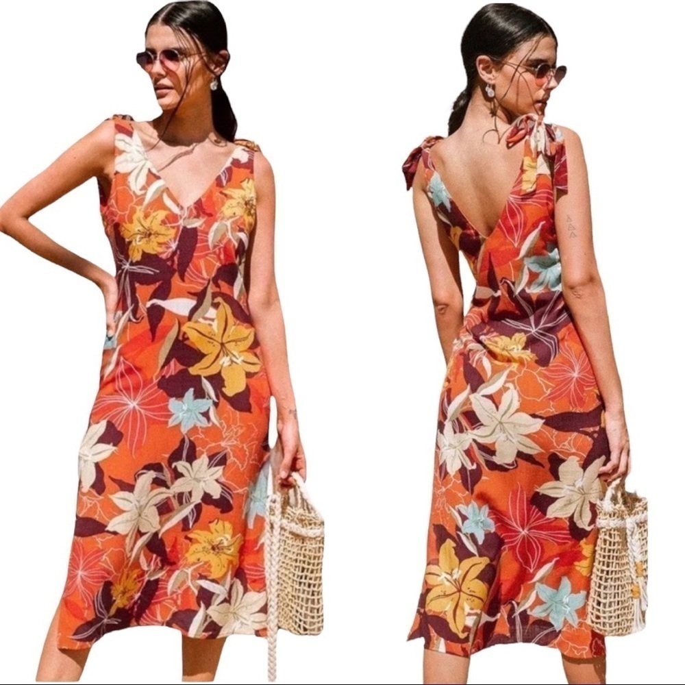 CUPSHE Floral Print MIDI Casual V-Neck Tie Shoulders Size XL New…Softgirl